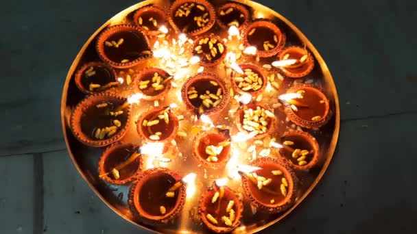 Diwali Oil Lamp Lighting Decoration Worship Shoot — Stock Video