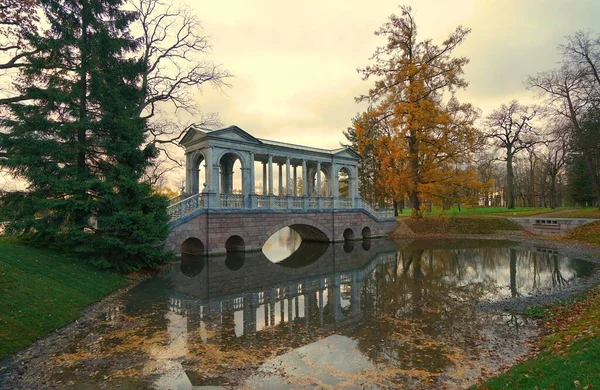 Sonbahar Sabahı Tsarskoe Selo Daki Catherine Park Yürüyüş Mermer Köprü — Stok fotoğraf