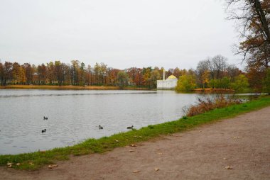 Sonbahar sabahı ve Tsarskoe Selo 'daki Catherine Park' ta yürüyüş.