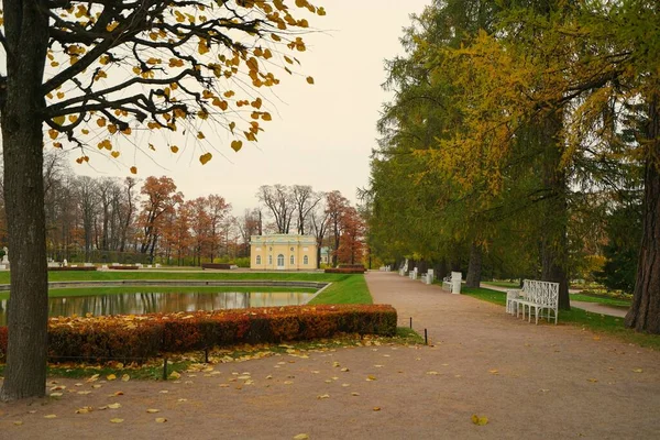 Осеннее Утро Прогулка Екатерининском Парке Царском Селе — стоковое фото