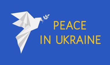 Ukrayna 'da Barış Posteri ve Çokgen tarzında Uçan Barış Güvercini. Barış sembolü, savaş konsepti yok.