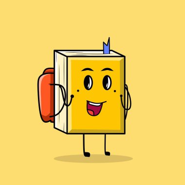 Okul çantası takan sevimli bir kitap karakterinin vektör çizimi. Maskotlar veya kulüp grafik kaynakları için iyidir..