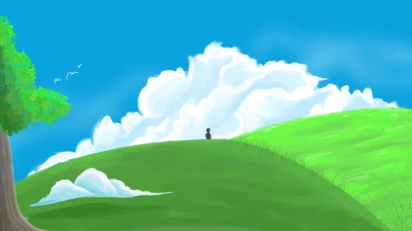 landscape illustration with hills, sky and clouds. Anime cartoon style. background design concept.