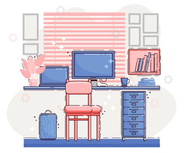 İç çalışma odası, bilgisayarlı ev ofisi. Mobilya koltuğu, raf, dizüstü bilgisayarlı masa, sergi ve saksı. Vektör düz çizgi çizimi. Boşluk temizle