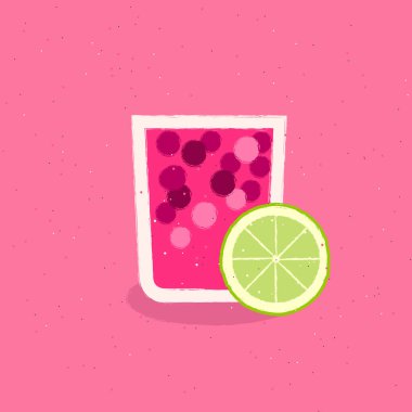 Pembe arka planda limon ve çilek suyu olan bir resim. Düz vektör çizimi. Taze sağlıklı yiyecekler..