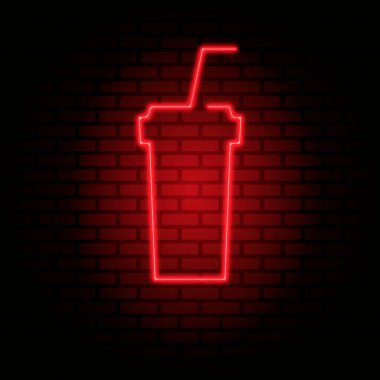 Neon ışık efekti. Bardakta samanla sıcak içecek ikonu. Tuğla duvar vektörü pankartı