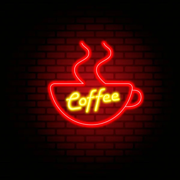 Neonowy znak z filiżanką kawy na ceglanym tle. Wektor płaska ilustracja — Wektor stockowy