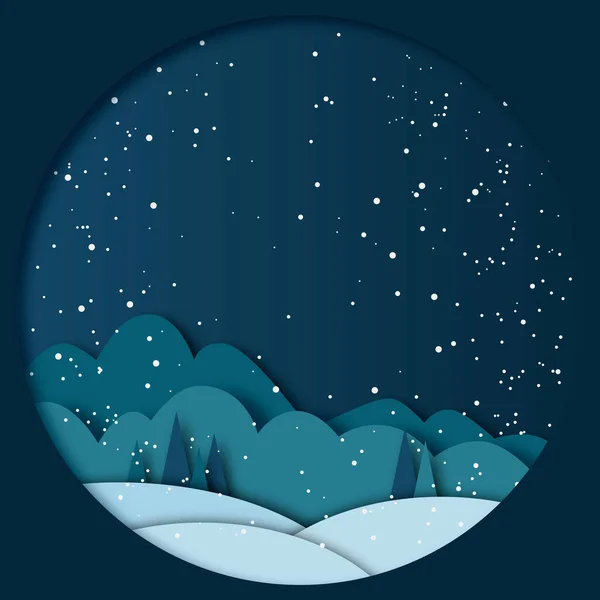 Winter landscape with trees and nature paper cut effect — стоковый вектор