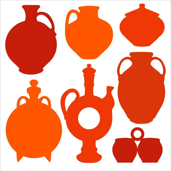 Conjunto de cerâmica. Imagem silhueta de vasos cerâmicos feitos de argila artesanal — Vetor de Stock