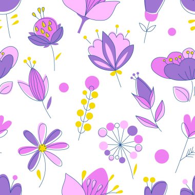 Baskı için mavi pembe çiçek deseni tasarımı. Vektör ilkbahar çiçekleri süslemesi pürüzsüz