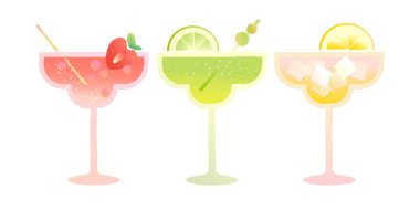 Margarita cam seti. Alkolik ferahlatıcı yaz içkileri. Bardakta çilekli alkollü kokteyl. Daiquiri içeceği ve limon dilimi. Limon ve buzlu Cosmopolitan. Düz vektör çizimi