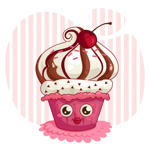 Tecknad Muffins Med Ett Sött Ansikte Krämig Chokladkaka Med Körsbär — Stock vektor
