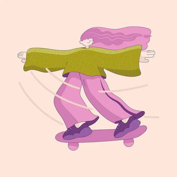 Trendy girl on penny board. Flat vector illustration design. Cartoon people vector illustration. Riding at speed on skate. Vehicle or sports tool to perform tricks. Travel and recreation