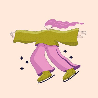 Patenci modern kız. Düz vektör çizimi. Çizgi film insanları vektör illüstrasyonu. İnsanlar buz pateniyle kayıyor. Kadın eğlencesi ve spor. Artistik patinaj