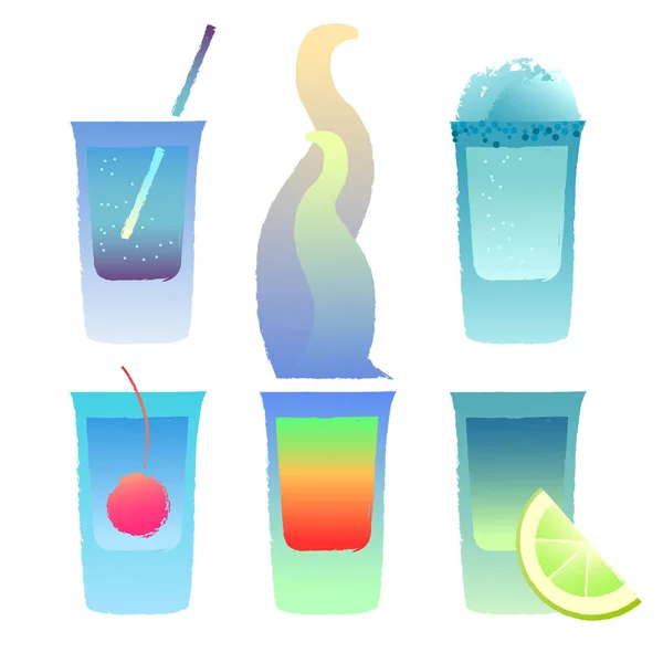 Juego Tirador Vidrio Vectorial Bebidas Alcohólicas Azul Brillante Juego Copas — Vector de stock