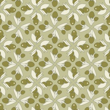 Renkli arka planda zeytin dallarının gizli organik desenleri. Vektör düz çizim. Zeytin ve yapraklı klasik desen. Tekstil, duvar kağıdı, ambalaj, fon tasarımı