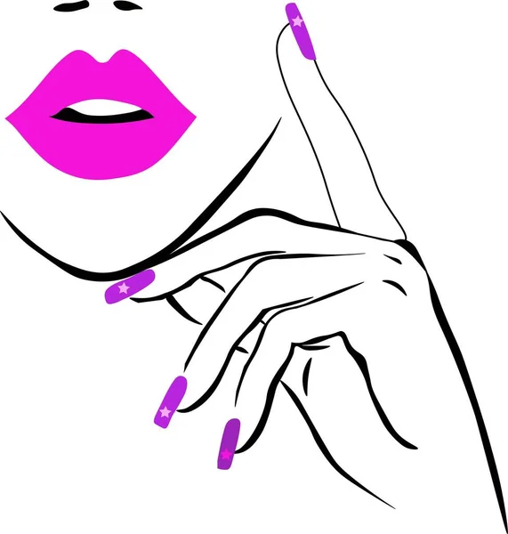 Beautiful Sexy Face Black Lips Hand Purple Manicure Nails Fashion — Stock Vector