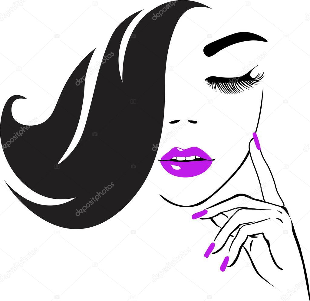 Beauty logo, beautiful woman face, sexy purple lips, eyelash extensions, fashion woman, curly hairstyle, hair salon sign, icon. Wallpaper background. Vector illustration. Woman face illustration