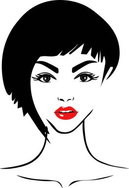 illustration of women short hair style icon, logo women face on white background, vector. Pretty girl with red lips and modern short haircut