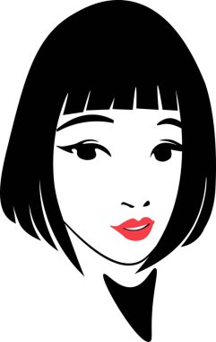 Güzel Japon Vektör İllüstrasyonu. Beyaz arka planda kırmızı dudaklı güzel bir kız. Simge. Logo