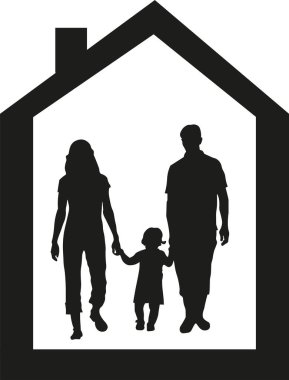 Evde çocuğu olan genç bir ailenin silueti, vektör çizimi. Kendi evini satın almak. Kendi evinde koruma.