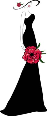 Stylish young woman in a long black dress with a hat. Logo for beauty salons, stylish boutique.  Woman in a Hat