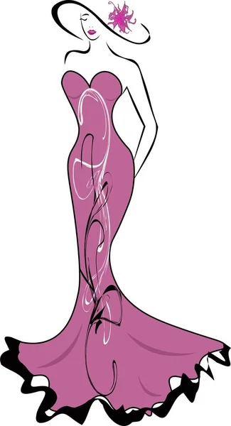 Stilvolle Junge Frau Einem Langen Rosafarbenen Kleid Mit Hut Logo — Stockvektor