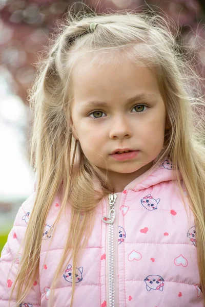 Cute Little Girl Blue Eyes Freckles Portrait Beautiful Blonde Pink — Zdjęcie stockowe