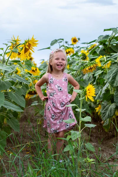Cute Little Girl Sunflower Field — Stock Fotó