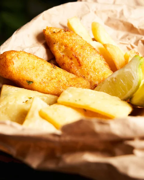 Close Tasty French Fries Lemon Wooden Table Background Food Concept — Photo