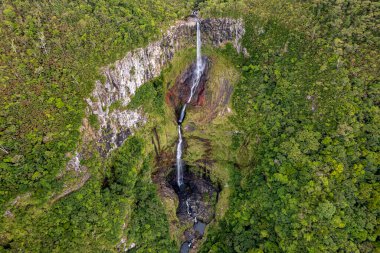 Mauritius 'un tropikal ada ormanında 500 feet' lik şelale perspektifi