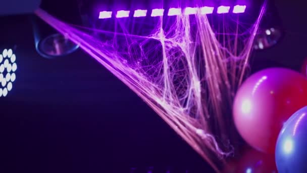 Tela Araña Púrpura Rosa Cuelga Lámparas Lámparas Envuelve Globos Sobre — Vídeo de stock