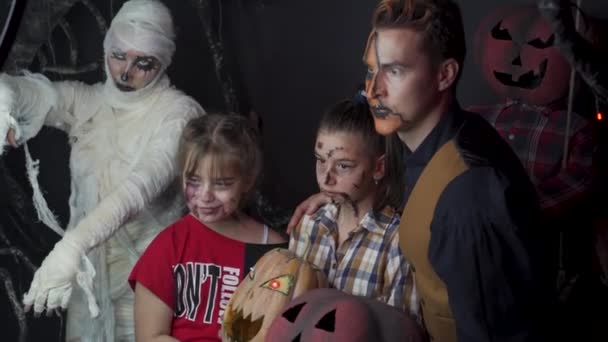 Sochi Russia November 2020 People Frightening Grimaces Kids Holding Pumpkins — Stock Video
