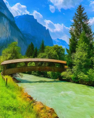 Suluboya ve pastel boya doğa manzarası, popüler seyahat ve turistik yerler, arka planda tuval dokusu, poster, tekstil veya tuval için eğilim baskısı. Modern sanat tasarımı duvar kağıdı. Duvar sanatı