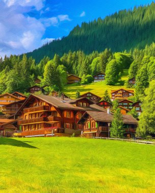 Suluboya ve pastel boya doğa manzarası, popüler seyahat ve turistik yerler, arka planda tuval dokusu, poster, tekstil veya tuval için eğilim baskısı. Modern sanat tasarımı duvar kağıdı. Duvar sanatı