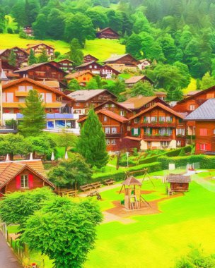 Suluboya ve pastel boya doğa manzarası, popüler seyahat ve turistik yerler, arka planda tuval dokusu, poster, tekstil veya tuval için eğilim baskısı. Modern sanat tasarımı duvar kağıdı. Duvar sanatı