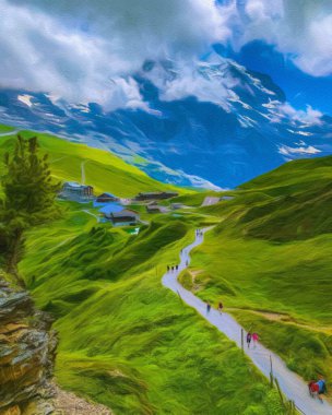 Suluboya ve pastel boya doğa manzarası, popüler seyahat ve turistik yerler, arka planda tuval dokusu, poster, tekstil veya tuval için eğilim baskısı. Modern sanat tasarımı duvar kağıdı. Duvar sanatı