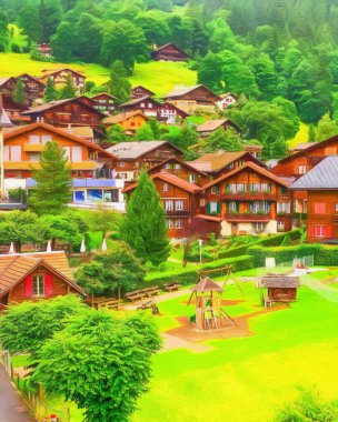 Suluboya ve pastel boya doğa manzarası, popüler seyahat ve turistik yerler, arka planda tuval dokusu, poster, tekstil veya tuval için eğilim baskısı. Modern sanat tasarımı duvar kağıdı. Duvar sanatı