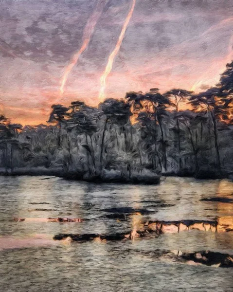 Acquerello Pastello Disegno Finlandia Natura Paesaggio Mistica Foresta Nebbiosa Autunno — Foto Stock
