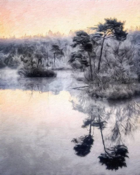 Aquarelle Pastel Dessin Finlande Paysage Naturel Forêt Mystique Brumeuse Automne — Photo