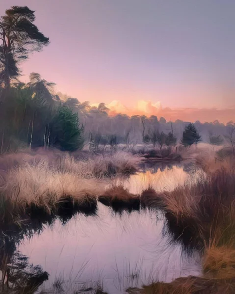 水彩画和水彩画描绘芬兰的自然景观 神秘的雾雾森林 秋天的树木趋势流行的海报 纺织品或帆布 现代美术设计墙纸 墙壁艺术油画 — 图库照片