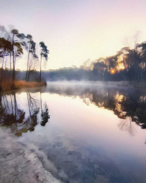 Aquarela Pastel Desenho Finlândia Natureza Paisagem Floresta Nebulosa Mística Árvores — Fotografia de Stock