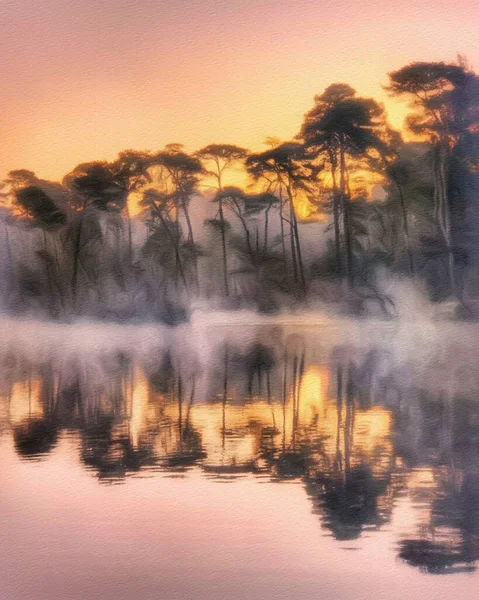 Aquarela Pastel Desenho Finlândia Natureza Paisagem Floresta Nebulosa Mística Árvores — Fotografia de Stock