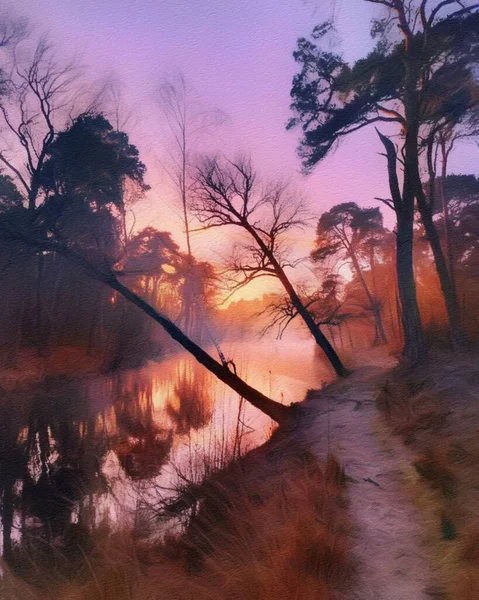 Aquarela Pastel Desenho Finlândia Natureza Paisagem Floresta Nebulosa Mística Árvores — Fotografia de Stock