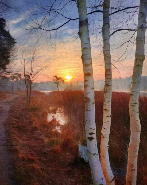 水彩画和水彩画描绘芬兰的自然景观 神秘的雾雾森林 秋天的树木趋势流行的海报 纺织品或帆布 现代美术设计墙纸 墙壁艺术油画 — 图库照片