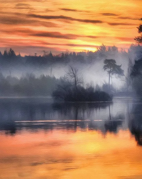 Aquarela Pastel Desenho Finlândia Natureza Paisagem Floresta Nebulosa Mística Árvores — Fotografia de Stock