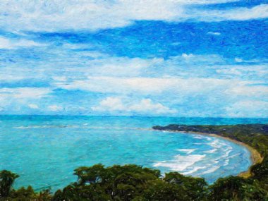 Suluboya ve pastel boya doğa manzarası, tropikal seyahat ve turistik yerler, Seyşeller adası tatili, poster, tekstil veya tuval için moda baskısı. Modern sanat tasarımı duvar kağıdı. Duvar sanatı