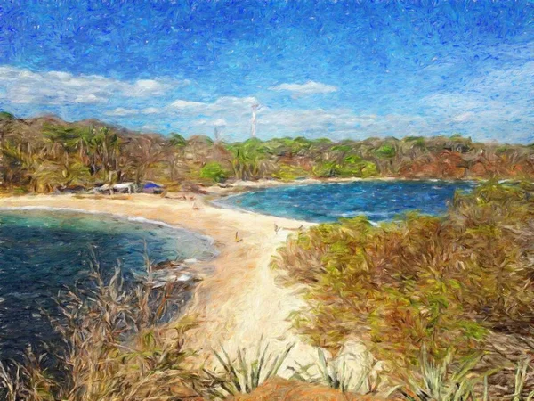 Akvarel Pastel Tegning Natur Landskab Tropiske Rejser Turistmæssige Sted Seychellerne - Stock-foto