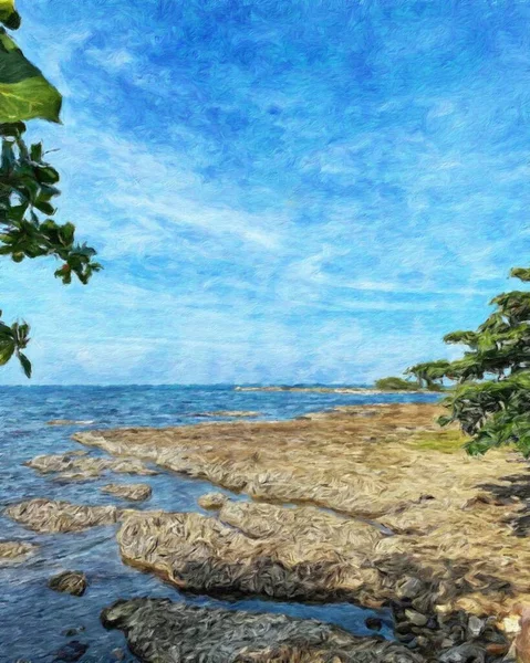 Akwarela Pastel Rysunek Krajobraz Przyrody Tropikalne Podróże Turystycznym Miejscu Seszele — Zdjęcie stockowe
