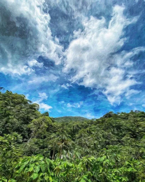 水彩画和彩绘自然风景画 热带旅游和旅游胜地 塞舌尔岛度假 纺织品或帆布的趋势印刷品 现代美术设计墙纸 墙壁艺术 — 图库照片